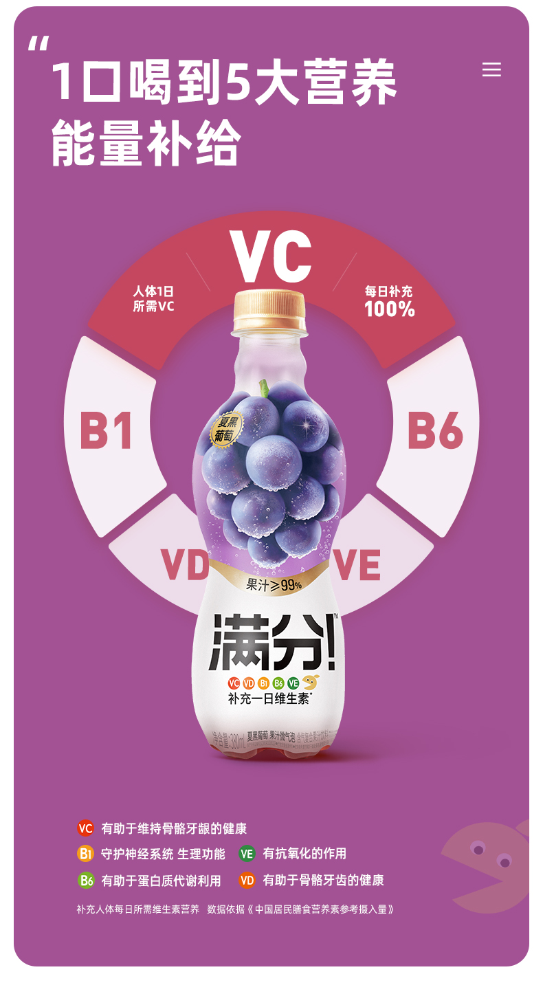 元气森林出品满分葡萄微气泡380ml*6瓶