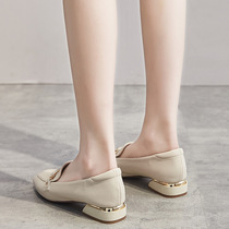 Square Head Single Shoes Woman Coarse Heel 2022 Spring new vinyals Foot Pedal Sloth Lefu Shoes 100 lap Inn Breeze Little Leather Shoes