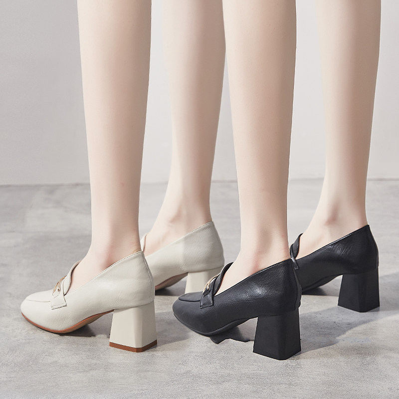 Square toe shoes women's 2022 new spring British style small leather shoes net red high-heeled shoes women's thick heels all-match loafers