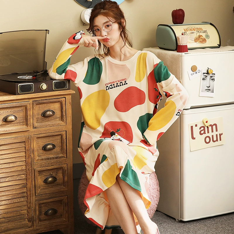 Loose plus size fat mm quần áo ngủ của phụ nữ cotton tinh khiết mùa xuân và mùa thu dài mùa thu và mùa đông bình thường có thể mặc đồ ngủ cotton dịch vụ tại nhà - Đêm đầm