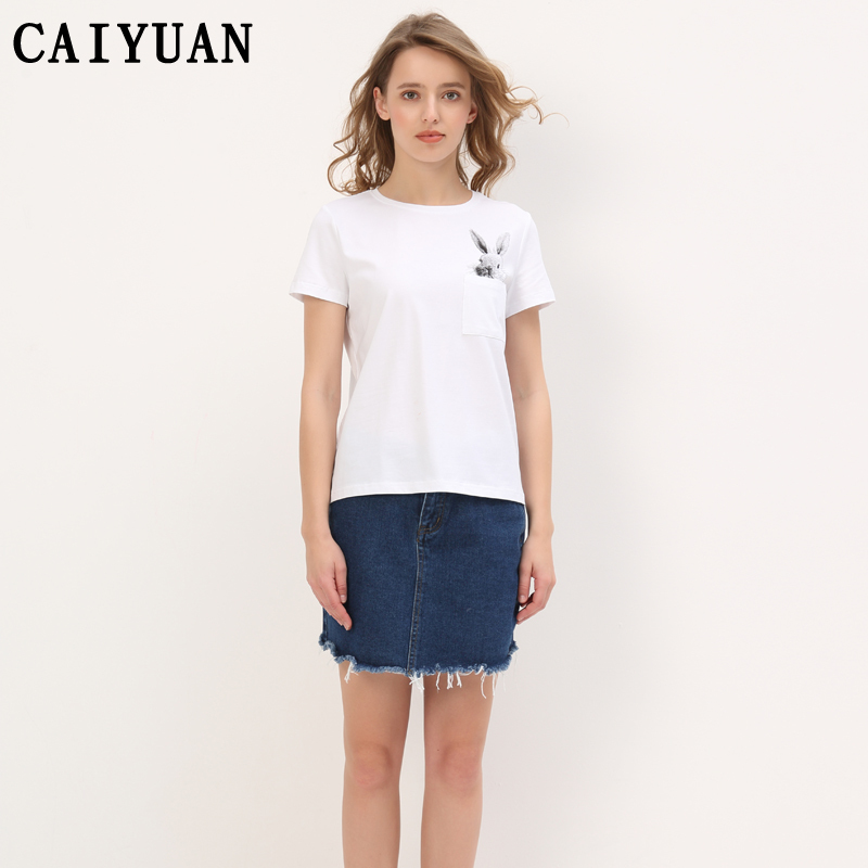 White 2026 Printed Short-Sleeve Women's Trendy Boutique Quality T-Shirt with Rabbit Pocket, Trendy Loose-Fitting Undershirt