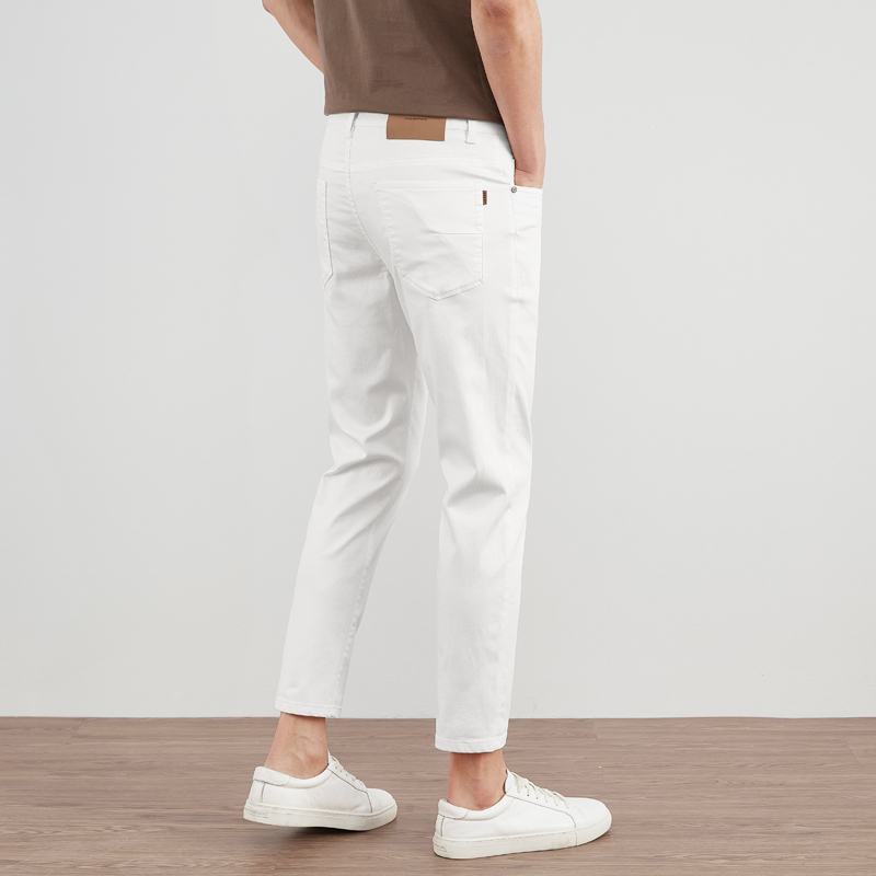 High-End White Cropped Jeans for Men, Summer Thin Tencel Cotton Slim Fit Skinny Pants, Stretch Pure White Casual Pants for Men