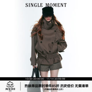 Single moment 25aw french retro large stand-up collar wide shoulder short double-breasted waist windbreaker jacket for women