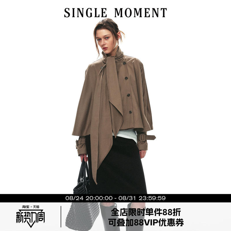 Single Moment 26Aw French Casual Loose Cape-Style Bow Tie Double-Breasted Short Coat Top for Women Single Moment 26Aw French Casual Loose Cape-Style Bow Tie Double-Breasted Short Coat Top for Women