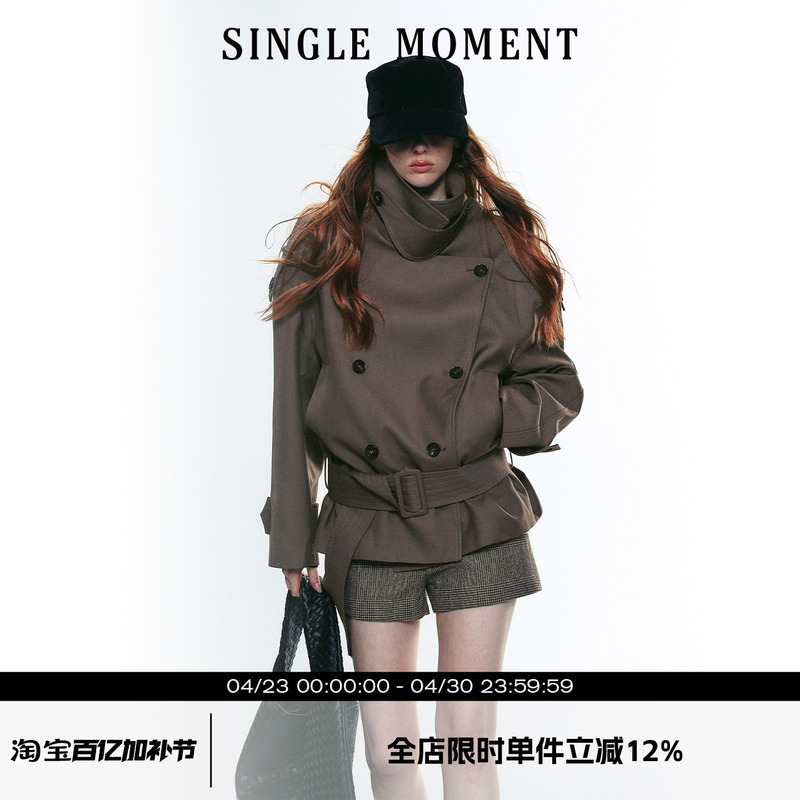 Single Moment 25Aw French Retro Style High Collar Wide Shoulder Short Double-Breasted Belted Trench Coat for Women