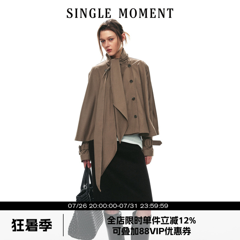 Single Moment 26Aw French Casual Loose Cape-Style Bow Tie Double-Breasted Short Coat Top for Women