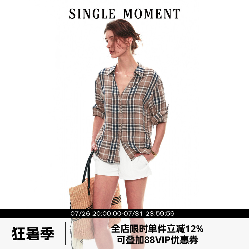 Single Moment 26Ss French Summer Retro Linen Plaid Five-Quarter Sleeve Rolled Edge Shirt Top for Women