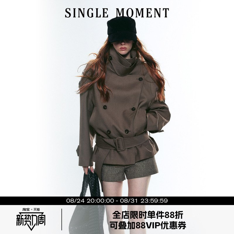 Single Moment 25Aw French Retro Style High Collar Wide Shoulder Short Double-Breasted Belted Trench Coat for Women Single Moment 25Aw French Retro Style High Collar Wide Shoulder Short Double-Breasted Belted Trench Coat for Women