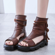 Summer new genuine leather retro cool shoes personality thick bottom pine pastry with womens shoes comfortable and light waterproof bench high help cool boots