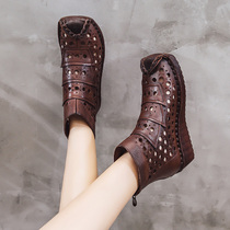 2020 Spring Summer New Genuine Leather Folk Wind Women Shoes Hand Stitched Hollowed-out Holes Cool Boots Retro Roman Wind sandals