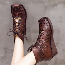 National Wind Genuine Leather Retro Women Shoes Original Stitches Hollowed-out and sandal sandals Baotou Breathable Hole high Help cool boots Summer