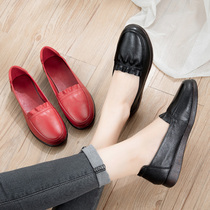 Genuine Leather Round Head Casual Women Shoes Soft Bottom Non-slip Middle Aged Mother Single Shoes Vegetarian Noodles 100 Hitch Heel Elder Leather Shoes Woman