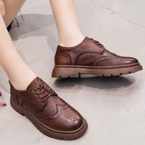 Genuine leather retro punk Inlan wind womens shoes lace with round head flat heel Bullock leather shoes thick bottom comfort student single shoes