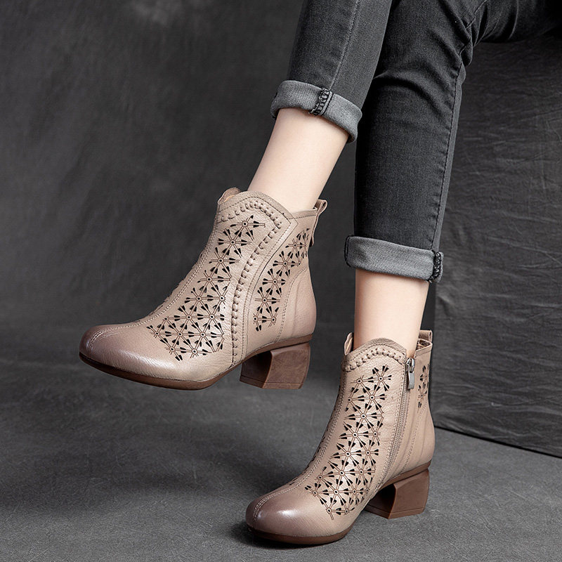 Spring new retro handmade genuine leather in heel sandals Coarse Heel Cave Shoes Hollowed-out Single Boots Breathable Mom Short Boots