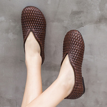 Ethnic Wind Genuine Leather Retro Personality Woven Womens Shoes Round Head Shallow Mouth Flat Heel Single Shoes Middle Aged Soft-bottom Mom Leather Shoes