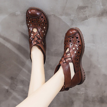 National Wind Genuine Leather Retro Roman Sandals Hollowed-out Comfort Cave Women Shoes Non-slip Middle Aged Mother High Helps Cool Boots
