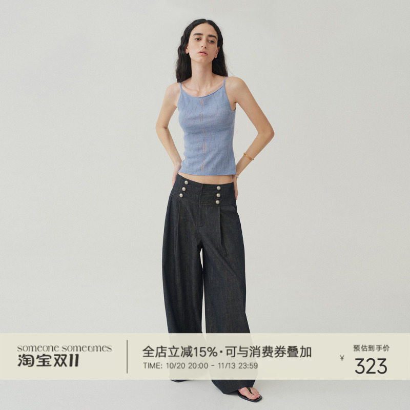 Someone Sometimes Retro Metal Buckle Straight-Leg Pants Ocean Style Double-Breasted Cotton-Feel Jeans Someone Sometimes Retro Metal Buckle Straight-Leg Pants Ocean Style Double-Breasted Cotton-Feel Jeans