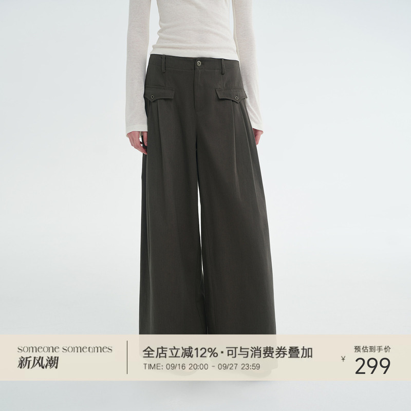 Someone Sometimes Yuppie-Style Workwear Pocket Pleated Trousers with Metal Eyelet Embellishments Wide-Leg Pants