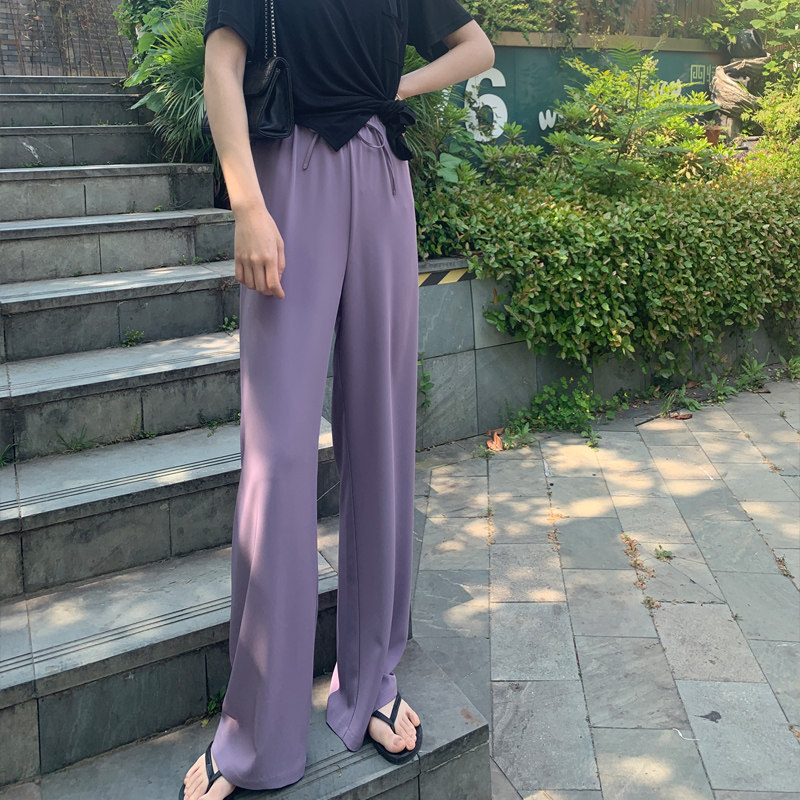 Ice Silk Broadlegged Pants Woman High Waist Pituality 2020 New Casual Pants Loose Straight Drum Summer Thin Tug Pants