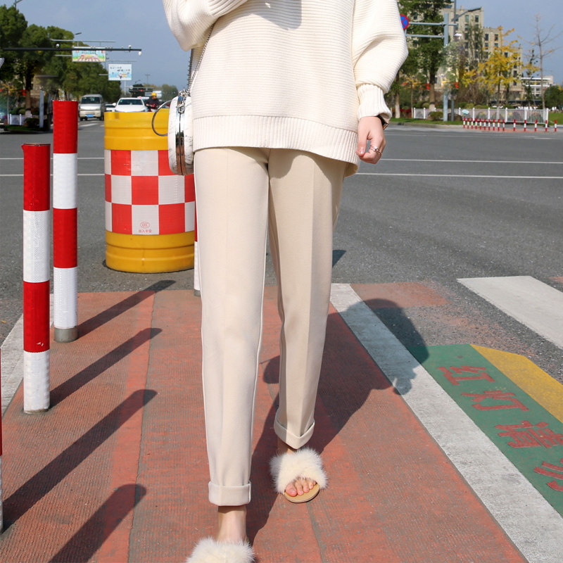 Boudaffin woolen suit pants women's straight loose ins pants women's rolled edge high waisted wide-leg pants women's autumn and winter