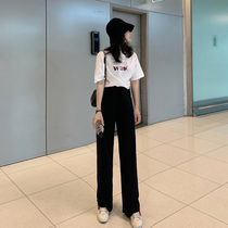 Ice Silk Broadlegged Pants Woman High Waist Pituitary Pants Black Pants Black Pants Children Summer Display Slim 100 Hitch Loose Casual Tug Pants