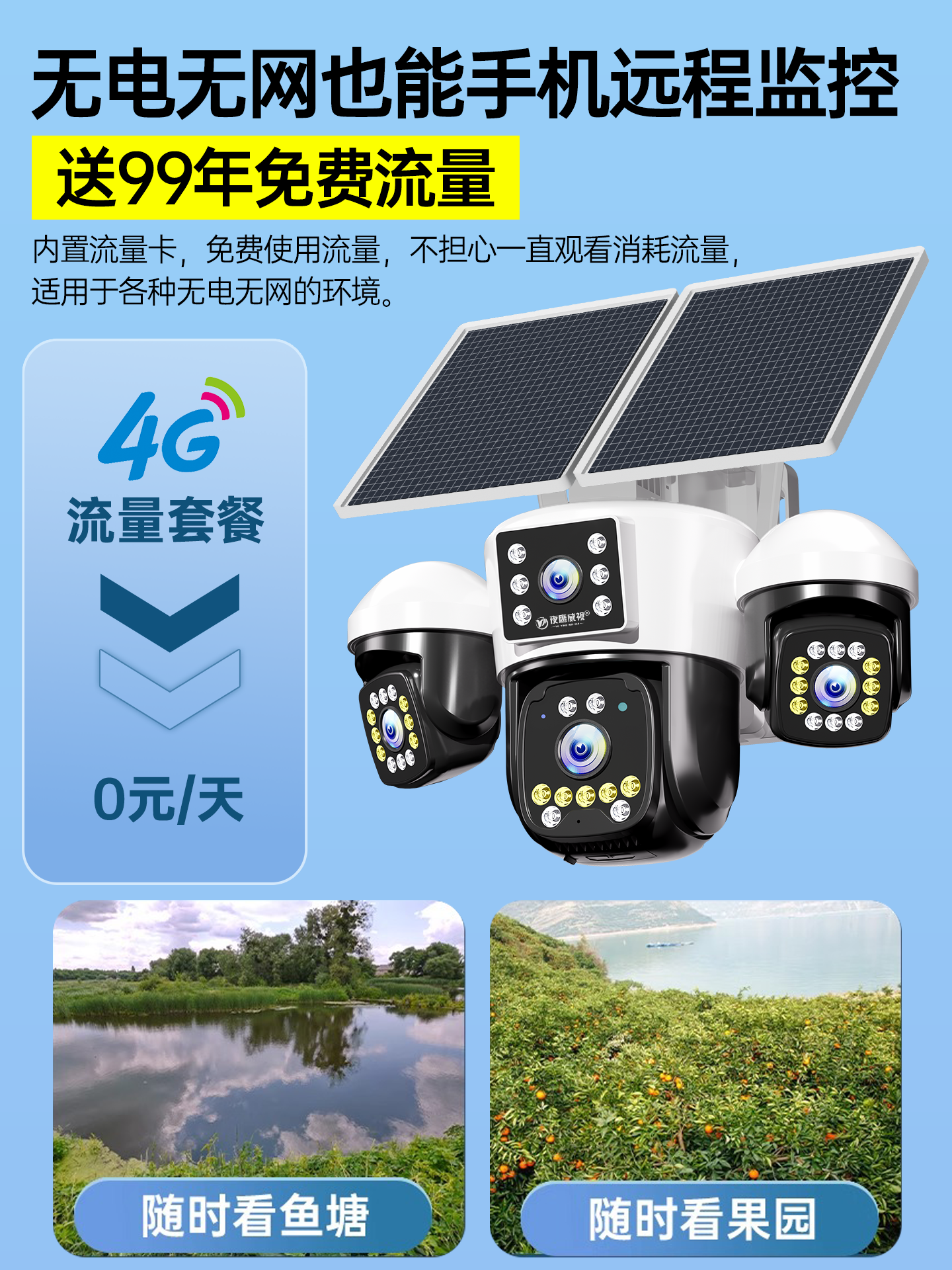 2025 New Model 360 Panoramic Solar-Powered Surveillance Camera Outdoor 4g Mobile Remote No Blind Spots High-Definition Night Vision