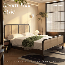 9W new Chinese style rattan bed master bedroom antique style solid wood bed black wabi sabi style bed B&B 1 8m double bed French style
