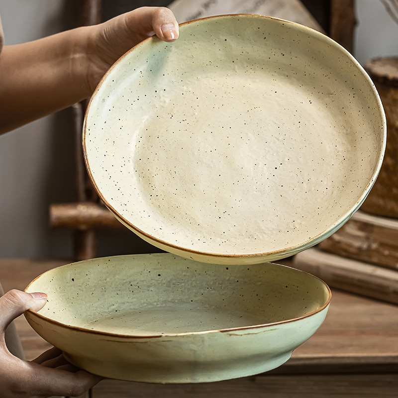 Yoshida Seiki Plate, Household Dish, Vintage Coarse Pottery Deep Plate, Ceramic Plate, High-End Dinner Plate, Bowl, Coarse Pottery Tableware