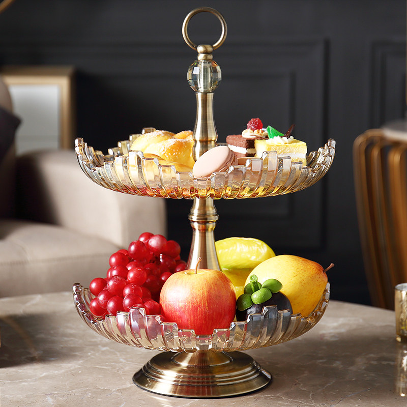 Nordic Double-deck Fruit Disk Crystal Glass Fruit Disk Modern Household Living Room Tea Select Creative European Red Snacks Disk