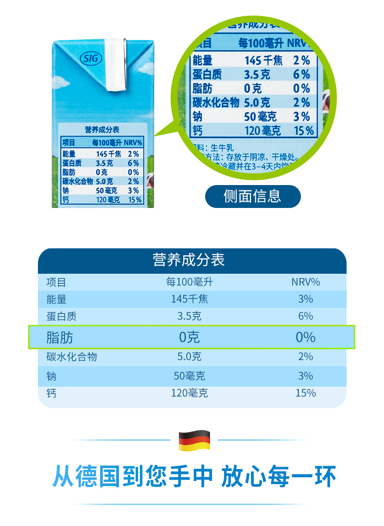 欧德堡健身0脂营养高钙纯牛奶6支