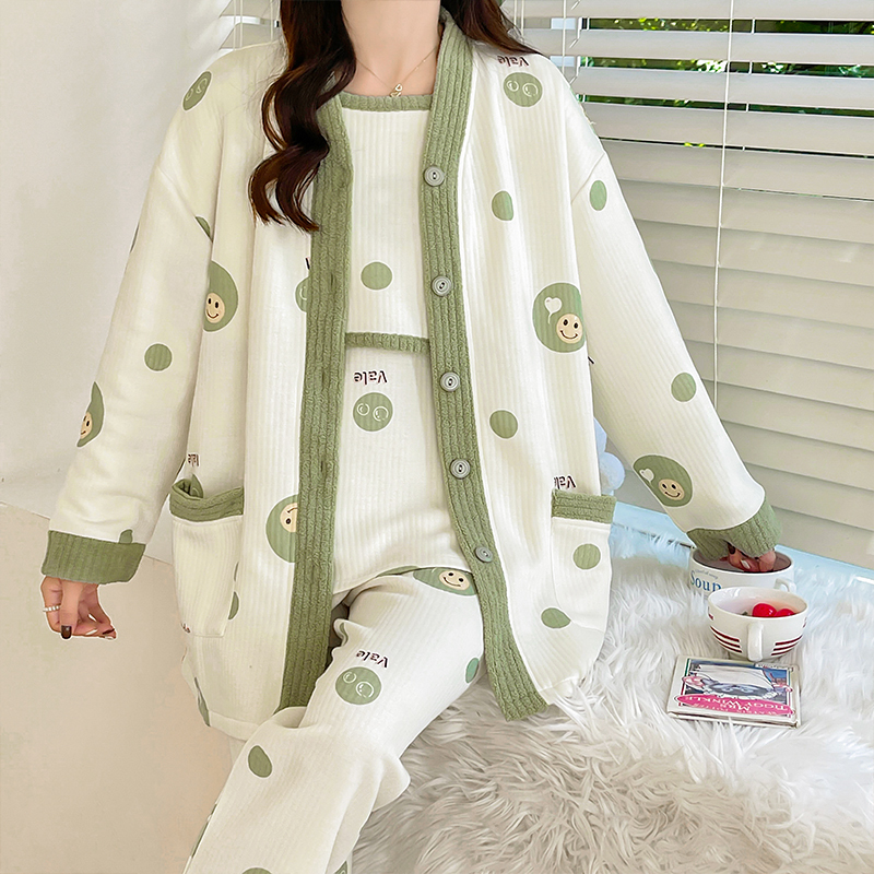 Air Cotton Maternity Pajamas Three-Piece Set for Spring and Autumn, Pure Cotton Postpartum Maternity Sleepwear for Women, Autumn and Winter Nursing Period, January, Home Wear