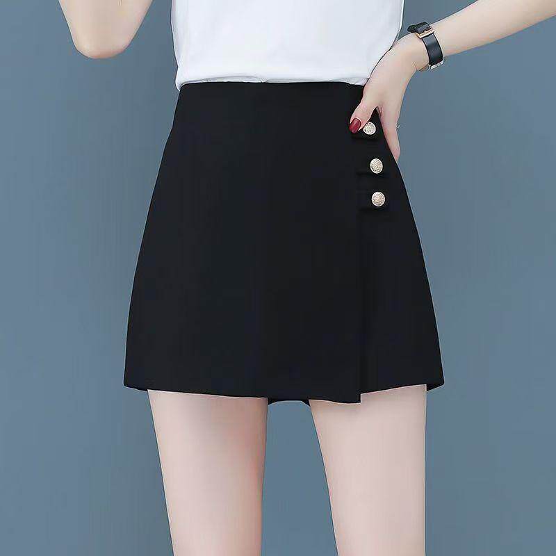 レディースハイウエストショートパンツ、2026年春夏新作、万能ブラックカジュアルスーツショートパンツ、ワイドレッグパンツ、Aラインスカートパンツ