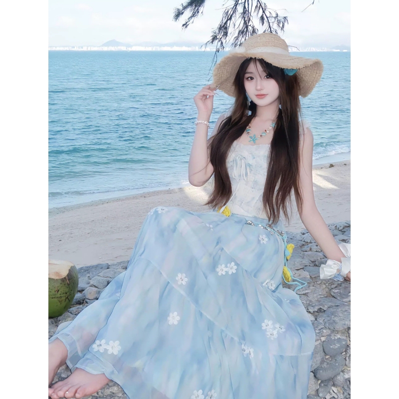 Beach Vacation Style Blue Dress, Long Summer Fairy-Like Flowing Beach Dress, Sanya Travel Slip Dress for Women