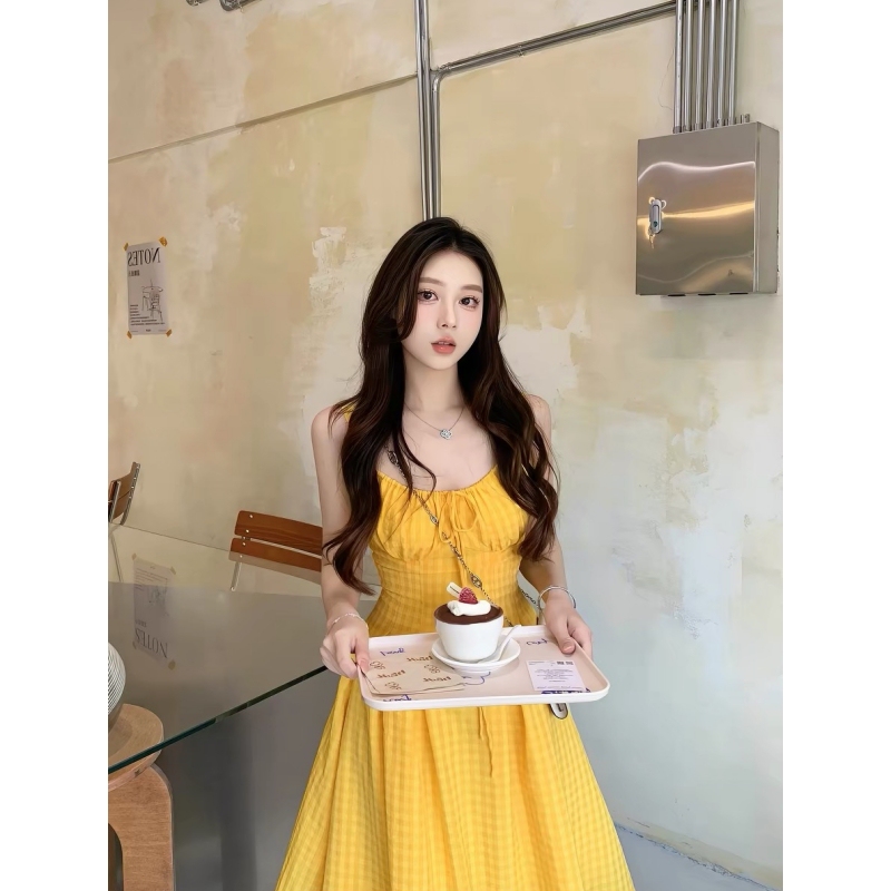 Vacation Style Yellow Spaghetti Strap Dress for Women, Summer Dopamine Waist-Cinching A-Line Dress, Stunning Long Dress for the Beach