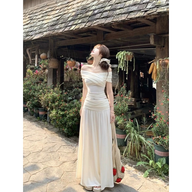 French-Style White Off-Shoulder Dress for Women, 2026 New Summer Outfit, Elegant Waist-Cinching Long Dress Set