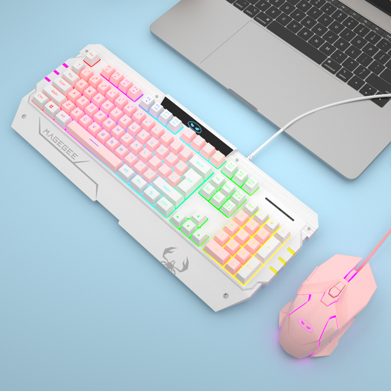 Magegee gaming game mechanical feel keyboard and mouse set White powder cherry blossom contrast color girl cute cf eat chicken lol luminous keyboard and mouse three-piece set Notebook computer home wired external device
