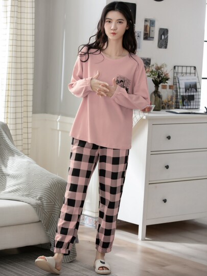 New Style 100% Cotton Pajamas for Women, Spring and Autumn Pure Cotton Long-Sleeved with Built-In Chest Pads, Autumn and Winter All-Cotton Loungewear That Can Be Worn Outside