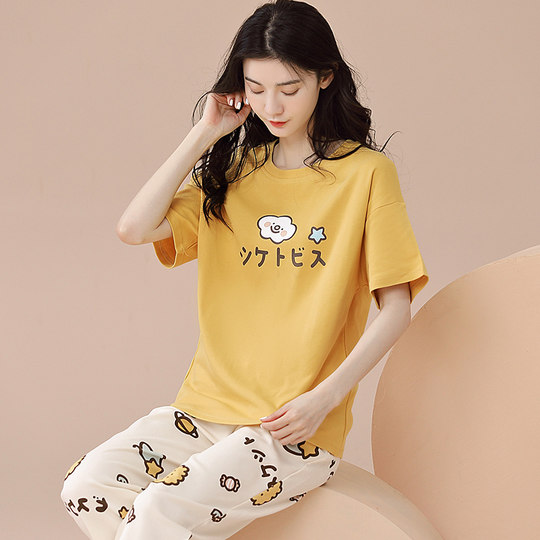 New Style 100% Pure Cotton Short-Sleeved Long Pants Pajamas for Women, Summer New Thin Cotton Casual Home Wear Set for Outerwear