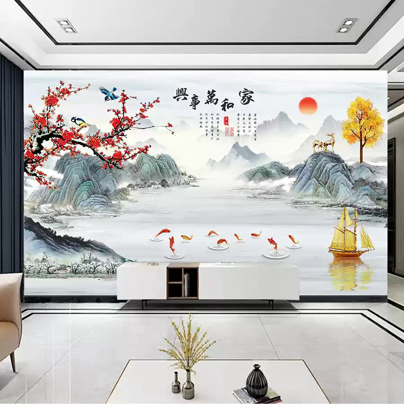 Chinese-Style Living Room Carbon Crystal Board Landscape Painting Tv Background Wall Bedroom Wall Panel Home Harmony Brings Prosperity Anti-Collision Diamond Board