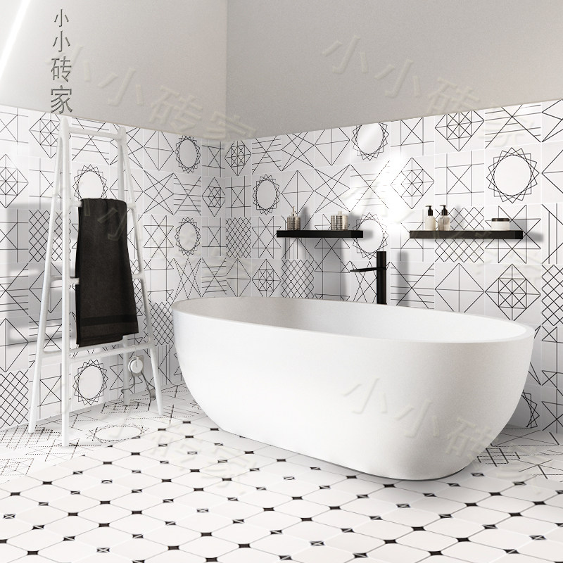 30x30 Nordic modern black and white tiles geometric lines Kitchen wall tiles Powder room floor tiles Balcony tiles flower pieces