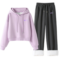 Pull back purple casual sports suit 2024 new winter warm hooded sweatshirt trousers two-piece set YZ