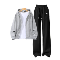 Pull back gray hooded sweatshirt cardigan spliced ​​casual straight pants for women 2024 early autumn small man outfit Z2