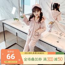 (Live Room) childrens pajamas winter thickened flannel three-layer cotton girl home clothing autumn and winter coral velvet