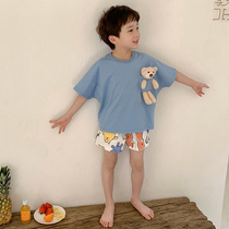 Boys pajamas summer cotton short-sleeved shorts suit Large boy boy baby two-piece set cute childrens home clothes