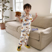 Childrens pajamas Spring cotton suit Middle and large children cute cartoon boy baby short-sleeved trousers Boy home clothes