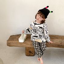 Girls cute pajamas Childrens fashion long-sleeved cotton home clothes in the big child baby spring and autumn thin cotton suit