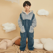 Boys home clothing autumn and winter long coral velvet home leisure boy winter flannel childrens conjoined pajamas