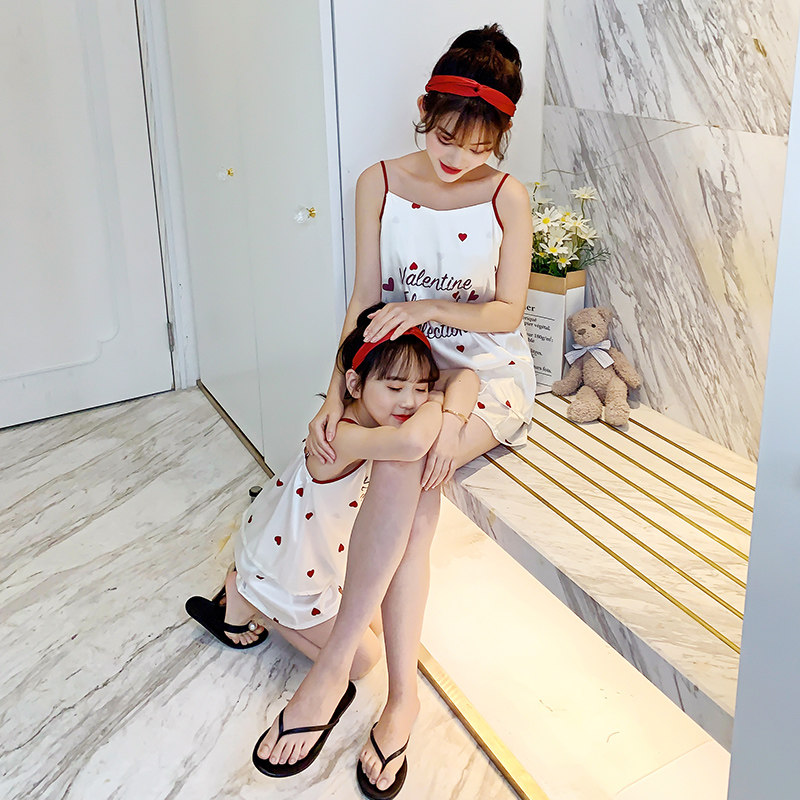 Parent-child pajamas summer thin style girl middle school child princess sling set summer children's cotton mother and daughter home wear