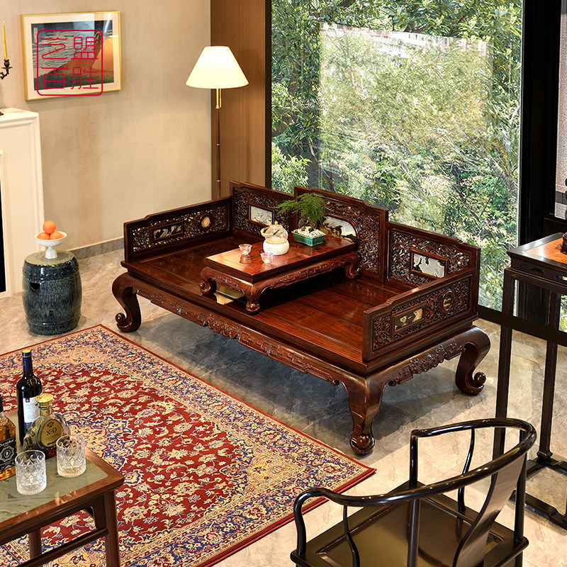 Yimeng Baisheng slightly concave rosewood red rosewood Arhat bed Qing-style five-screen open-carved eight-treasure pattern mahogany reclining furniture