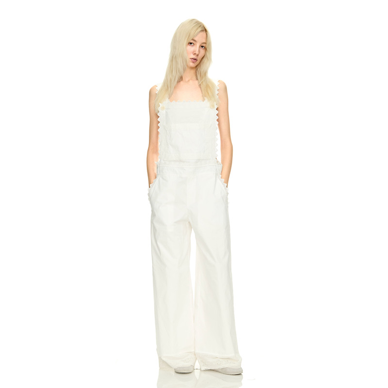 Weicheng Lu Original All-Cotton Hollow-Out Design Lace Trim Pure White Suspender Wide-Leg Overalls Weicheng Lu Original All-Cotton Hollow-Out Design Lace Trim Pure White Suspender Wide-Leg Overalls